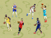 Editorial illustration showing six NBA players in their team uniforms surrounded by question marks on a green background.