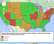 US map showing percent difference in school funding between high- and low-poverty districts, with red and orange states indicating richer districts receive more funds than poor ones.