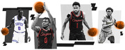 Editorial collage illustration of four college basketball players in Xavier, Houston Cougars, and Baylor uniforms with stylized black-and-white and orange accents.