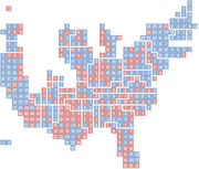 Tile grid map of the United States showing numbered electoral or polling data with red and blue colored squares representing states or districts.
