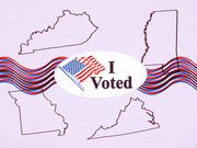 Editorial illustration showing outlines of US states with a red, white, and blue ribbon and an I Voted sticker featuring an American flag.
