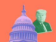 Stylized editorial illustration showing the US Capitol dome in purple and a portrait of Donald Trump in green against an orange background.