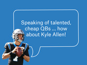 Editorial illustration of NFL quarterback Kyle Allen in a Carolina Panthers uniform with a speech bubble reading 'Speaking of talented, cheap QBs ... how about Kyle Allen!'