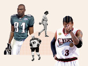Editorial collage featuring Philadelphia sports athletes including an Eagles wide receiver number 81, a Sixers player number 3, a Flyers hockey player, and a baseball pitcher against a grid background.