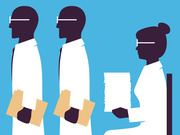 Editorial illustration showing two people in white coats holding folders waiting in line before a seated woman reviewing documents, suggesting a job interview or medical setting.
