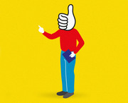 Editorial illustration of a cartoon figure in a red sweater and blue pants with a giant thumbs-up hand as its head, pointing with one hand and holding a book behind its back.
