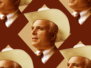 Repeating editorial collage of a man wearing a cowboy hat arranged in a diamond pattern on a dark red background.