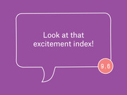 Purple speech bubble graphic displaying the phrase 'Look at that excitement index!' with a score of 9.6 in an orange circle.
