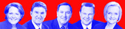 Five blue-tinted portrait photos of politicians arranged side by side against a red background, styled as a duotone editorial illustration.