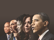 Composite editorial illustration showing five Black political figures arranged in a row against a dark brown background.