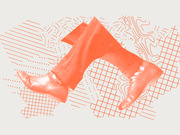 Orange-tinted editorial illustration of a person's legs in boots walking, overlaid on abstract map contour lines and grid patterns.
