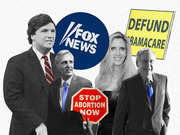 Editorial collage of conservative political figures and symbols including Fox News logo, Stop Abortion Now sign, and Defund Obamacare sign.