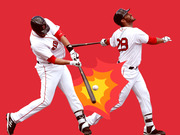 Editorial illustration of two Boston Red Sox baseball players swinging bats against a red background with a stylized explosion graphic.