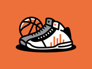 Editorial illustration of a basketball sneaker with a bar chart graphic on its side, next to a basketball, on an orange background.