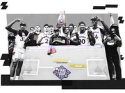 Editorial collage of the Kansas Jayhawks basketball team celebrating their 2022 NCAA championship overlaid on a Final Four bracket showing Kansas as National Champions.