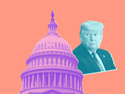 Colorized editorial illustration showing the US Capitol dome in purple and a portrait of Donald Trump in teal against an orange background.