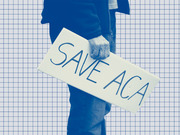 Blue-tinted editorial photo illustration of a person holding a handwritten protest sign reading Save ACA against a grid paper background.