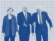 Blue-tinted editorial illustration of three Democratic presidential candidates standing in front of a grid background.