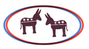 Oval bumper sticker style illustration featuring two Democratic Party donkey symbols with stars, outlined in red and blue.