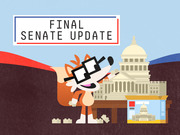 Editorial illustration of FiveThirtyEight's fox mascot wearing glasses in front of the US Capitol building with text reading Final Senate Update.