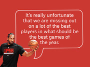 Editorial illustration of a Clippers basketball player holding a ball with a speech bubble quote about missing top players in the best games of the year.