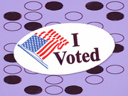 An I Voted sticker with an American flag illustration centered on a purple background filled with filled and empty oval shapes.