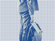 Blue-tinted editorial illustration of a person holding a backpack with a face mask attached, set against a grid paper background.