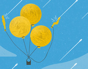 Editorial illustration of three gold coins shaped as balloons floating in a blue sky, being popped by needles, suggesting deflating currency or financial bubbles.