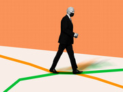 Editorial illustration of a masked man in a suit walking across intersecting orange and green lines on a light background with an orange upper section.