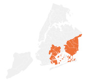 Map of New York City boroughs and neighborhoods with several districts in Brooklyn and Queens highlighted in orange.
