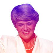 Stylized editorial illustration of a smiling woman with purple-tinted hair wearing a pearl necklace and white jacket, rendered with a duotone color effect.