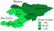 Choropleth map of Kyrgyzstan showing regions shaded by percentage vote in favor, with three green shades indicating less than 85, 85-95, and greater than 95 percent.