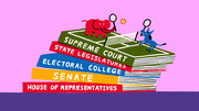 Editorial cartoon showing a Republican elephant and Democratic donkey playing tennis on a court atop a stack of labeled political institutions including Supreme Court, Senate, and House of Representatives.