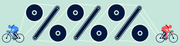 Editorial illustration showing two cyclists connected by a chain of bicycle gear and crank mechanisms forming percent signs on a mint green background.