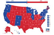 US Electoral College map showing Clinton with 272 electoral votes versus Trump with 266, with states colored blue for Clinton and red for Trump and electoral vote counts labeled.