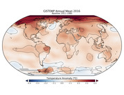 World map showing GISTEMP annual mean temperature anomalies for 2016 relative to the 1951-1980 baseline, with a color scale from blue (cooler) to red (warmer).