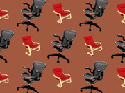 Repeating pattern of two alternating chairs — a black mesh office chair and a red cushioned lounge chair — arranged on a brown background.