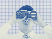 Blue-tinted editorial illustration of a man in a suit looking through binoculars with the American flag reflected in the lenses, set against a grid background.