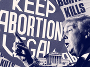 Editorial collage in blue tones showing protest signs reading Keep Abortion Legal and Abortion Kills alongside a figure gesturing and the Supreme Court building.