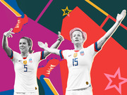 Editorial illustration of two USWNT soccer players in white USA jerseys numbered 5 and 15 celebrating against a colorful geometric background with stars and soccer cleats.