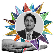 Editorial illustration of a man in a suit centered in a circle surrounded by colorful geometric paper-like shapes, resting on an outstretched hand.