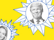Editorial illustration on yellow background showing two political figures as sun-like burst shapes with drawn spiky outlines, one larger featuring Donald Trump and one smaller with a woman.