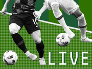 Editorial illustration of two soccer players in black and white on a green grid background with the word LIVE in large white text.