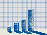 Four stacks of coins in increasing height arranged like a bar chart against a blue grid background, illustrating financial growth or inequality.