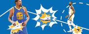 Editorial illustration of Kevin Durant in Golden State Warriors uniforms with comic-style burst graphics highlighting Nike sneakers on a blue background.
