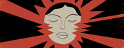 Stylized editorial illustration of a serene face with closed eyes surrounded by red and black radiating sunburst rays on a dark background.