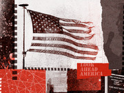 Editorial collage illustration featuring an American flag, Look Ahead America signage, and early voting ballot references in red and black tones.