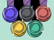 Illustrated editorial art showing five colorful Olympic-style medals with purple ribbons on a mint green background.