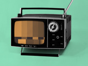 Editorial illustration of a vintage Sony portable television with a pixelated censored image on its screen, set against a mint green background.