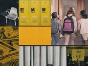 Editorial photo collage about education themes featuring school lockers, children with backpacks, money, books, a desk chair, and a Ban CRT protest sign.